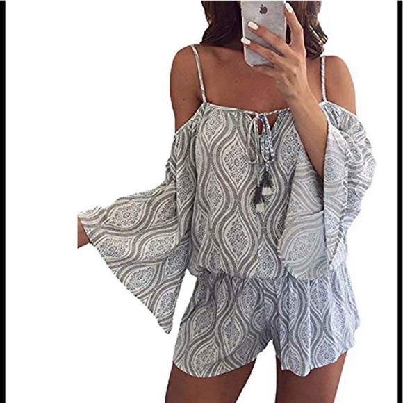 Pants - woman floral print off shoulder short jumpsuit